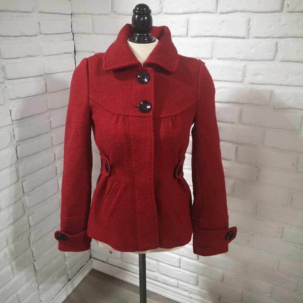 RW&CO. Ladies Size XS Red Lined Button Front Removable Hood Jacket